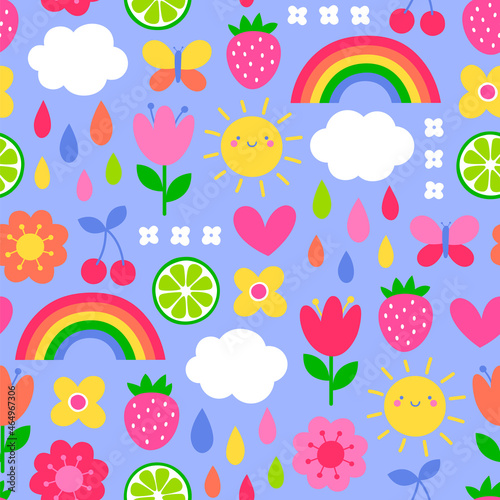 Colorful cute hand drawn floral, rainbow and cloud seamless pattern background.
