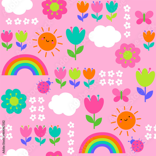 Colorful cute hand drawn floral, rainbow and cloud seamless pattern background.