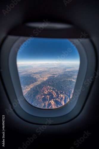 Photography View through the plane windows of the landscape near Las Vegas
