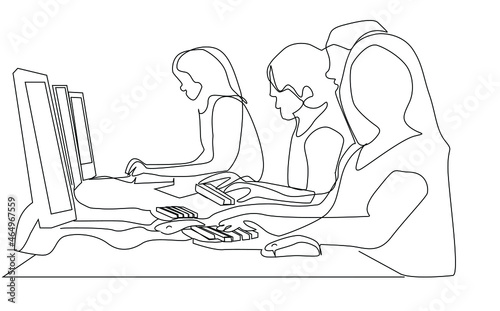 people who use computers. computer technology class and students. workplace and workers working at the computer.