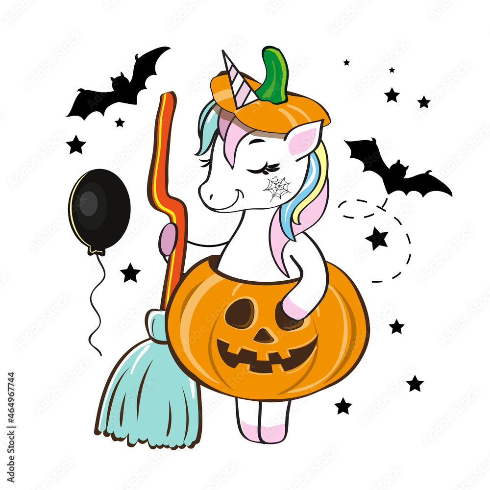 Cute unicorn in halloween pumpkin costume. Vector cartoon illustration