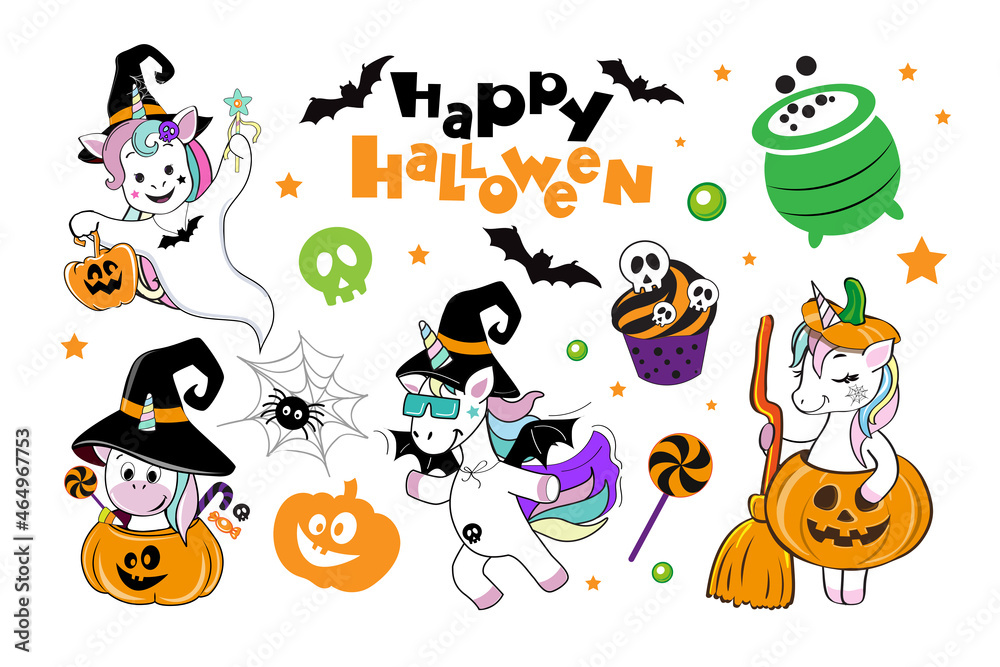 Obraz premium Halloween set with bat, pumpink and unicorn in Halloween costume. Vector cartoon illustration on white background isolated
