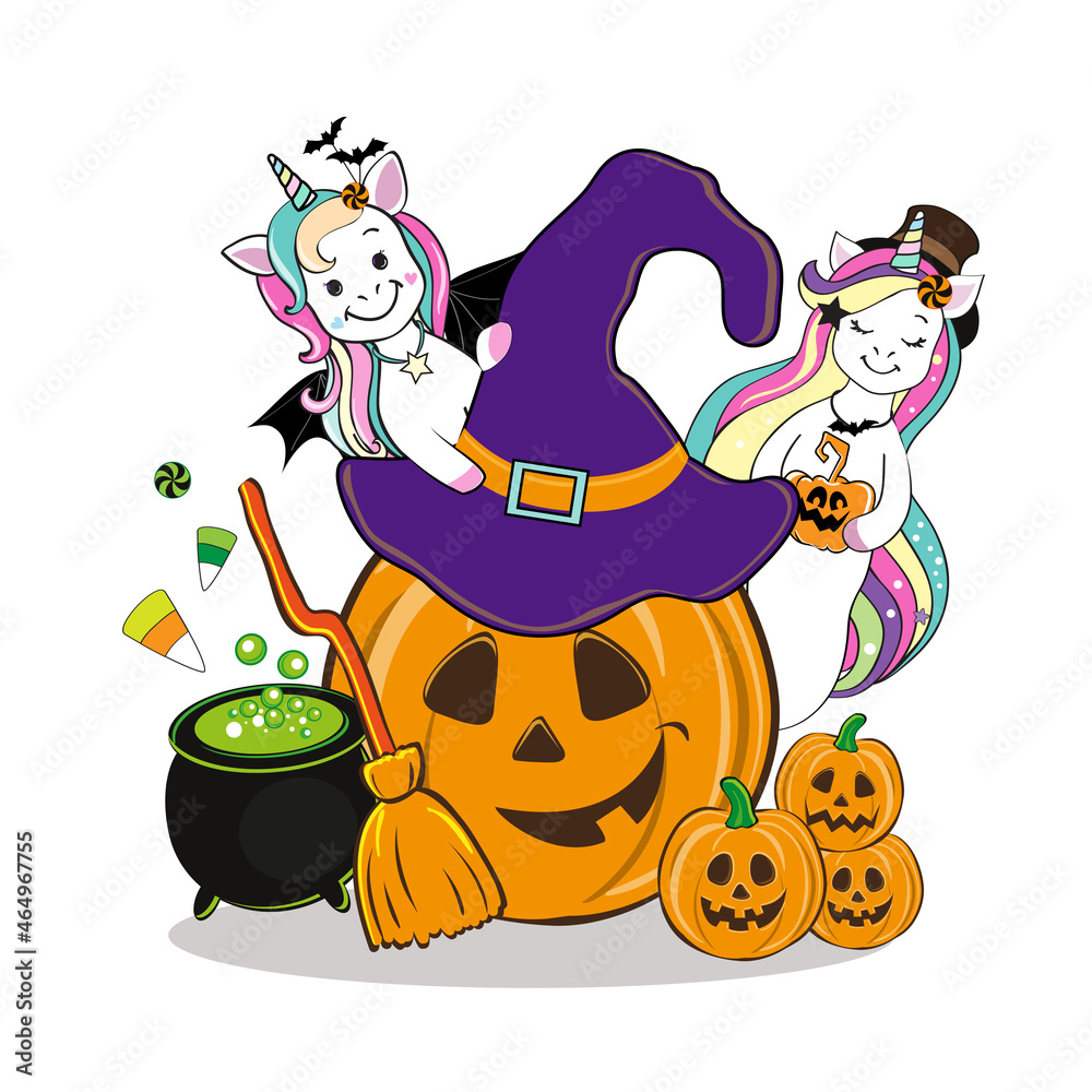 Fototapeta premium Funny unicorns in a costume for halloween and pumpkin. Vector cartoon illustration