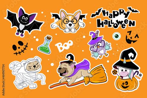 Halloween stickers set with bat, pumpink, pug dog and unicorn in Halloween costume.Vector cartoon illustration