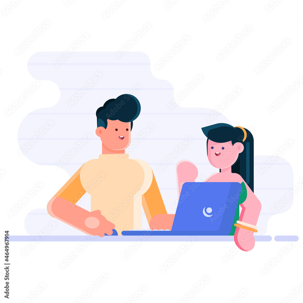 Work or education at home. Young man and woman sitting in room, working using laptop. Students studying remotely in apartment. Vector illustrations in flat design, white isolated. Work or education at home. Young man and woman sitting in room, working using laptop. Students studying remotely in apartment. Vector illustrations in flat design, white isolated.