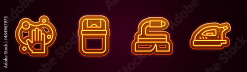 Set line Sponge, Trash can, Brush for cleaning and Electric iron. Glowing neon icon. Vector