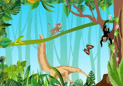 Exotic animals and birds and plants  jungle landscape vector