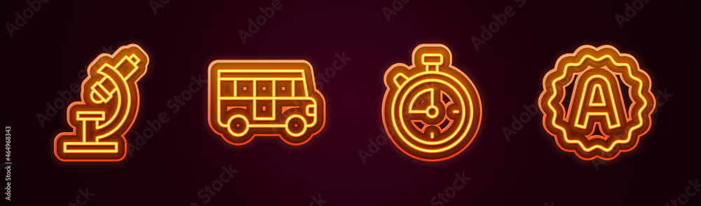Set line Microscope, School Bus, Stopwatch and Exam sheet with A plus grade. Glowing neon icon. Vector Set line Microscope, School Bus, Stopwatch and Exam sheet with A plus grade. Glowing neon icon. Vector