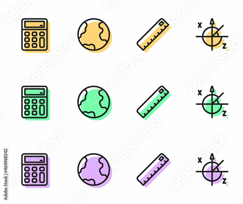 Set line Ruler, Calculator, Earth globe and Trigonometric circle icon. Vector