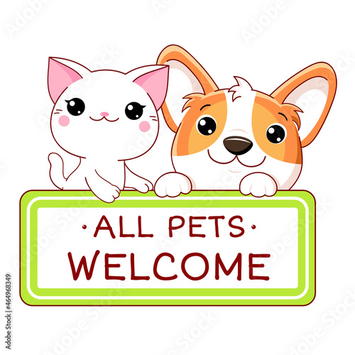 Kawaii corgi puppy and kitty with pet friendly vector label. Stamp or sticker with pet friendly text. Vet clinic, shop label, sticker. Inscription All Pets Welcome. Vector EPS8
