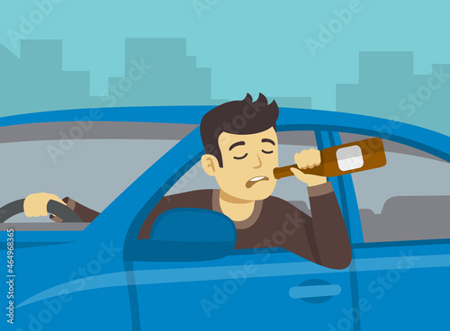 Don't drink and drive. Male driver drinking alcohol and driving. Close up view of drunk man with bottle of alcohol. Flat vector illustration template.