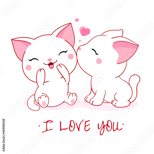 Cute Valentine card in kawaii style. Two lovely cats with big pink heart