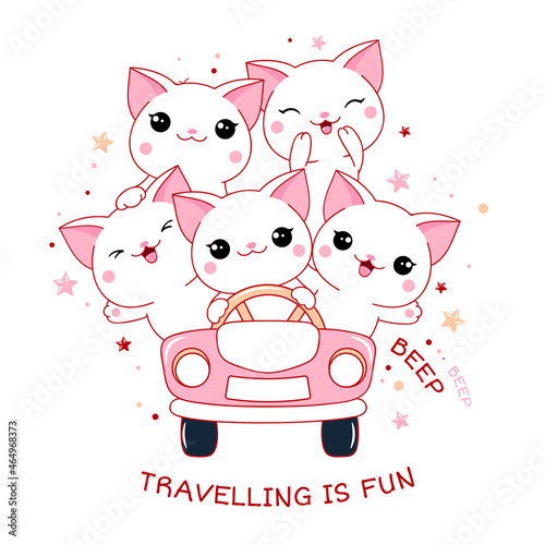 Cute traveler friends rides in car. Adventurers cats travels by car. Inscription Travelling in fun. Five kawaii white kittens in pink car. Can be used for poster, print, t-shirt design. Vector EPS8