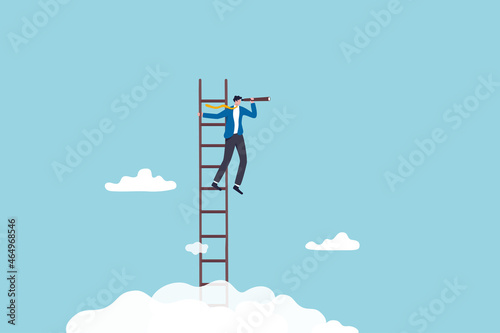 Success ladder for business opportunity, looking for new job or career path, leadership discovery or searching for success concept, smart businessman climb up ladder look through telescope visionary. photo