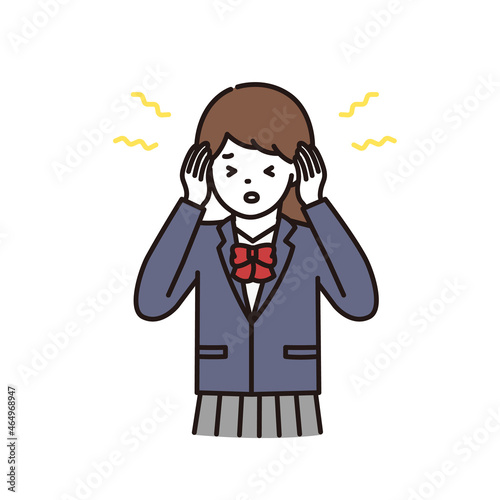 耳鳴り・頭痛に悩む制服の女子学生のイラスト