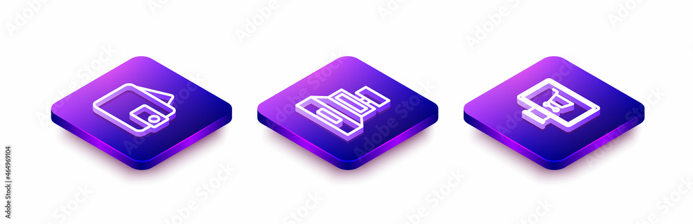 Set Isometric line Wallet, Cash register machine and Shopping cart on monitor icon. Vector Set Isometric line Wallet, Cash register machine and Shopping cart on monitor icon. Vector