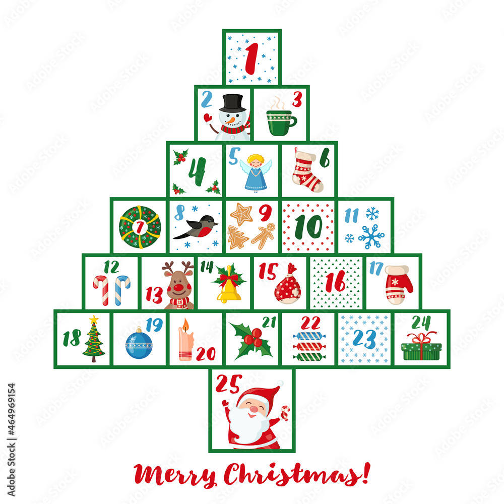 Christmas Advent calendar in shape of Christmas tree.
