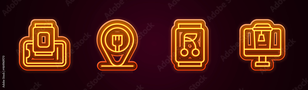 Set line Food ordering on mobile, Cafe and restaurant location, Soda can and Online food. Glowing neon icon. Vector Set line Food ordering on mobile, Cafe and restaurant location, Soda can and Online food. Glowing neon icon. Vector