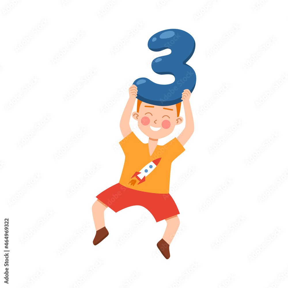 Child raising figure three above his head, flat vector illustration isolated. Child raising figure three above his head, flat vector illustration isolated.