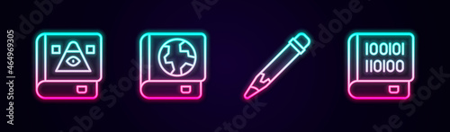 Set line Ancient magic book, Earth globe and, Pencil with eraser and Books about programming. Glowing neon icon. Vector