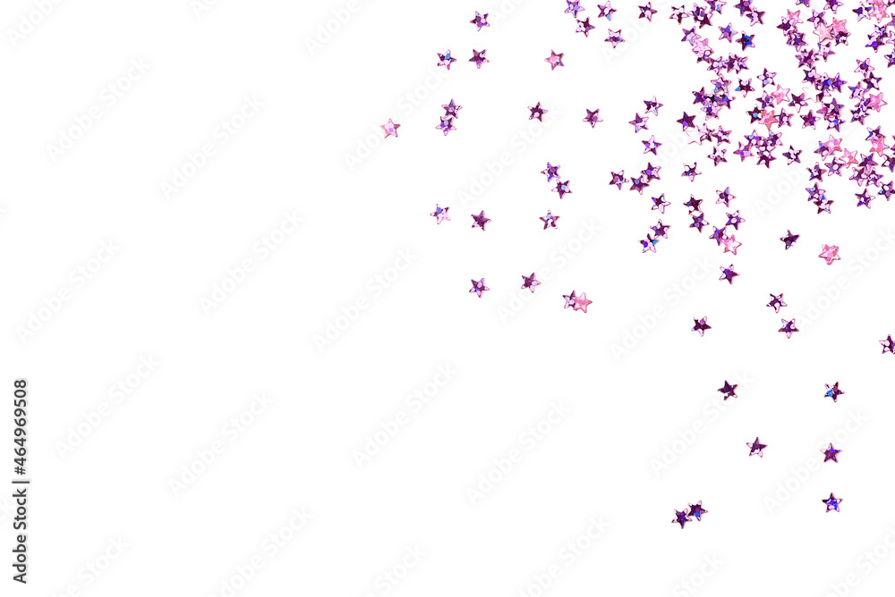 Violet confetti in the form of stars isolated on white background. Festive day backdrop. Flat lay style with minimalistic design. Template for banner or party invitation