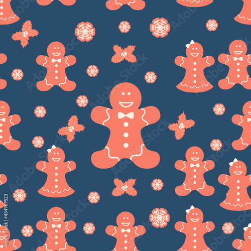Gingerbread seamless pattern with holly berries and snowflakes