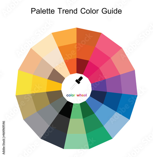 Color wheel. Trend fashion color Guide Palette 2022 and 2023. Complementary colors are opposite each other. Vector graphic illustration guide.