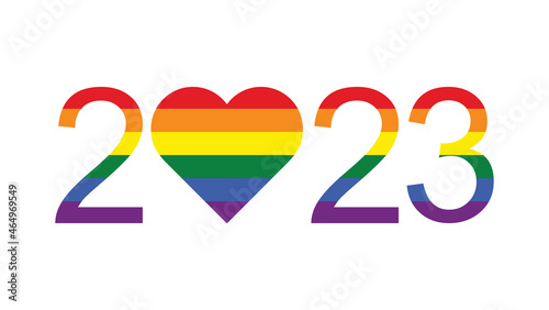 Happy New Year 2023. logo lgbtq 2023 pride month with rainbow heart. vector symbol of pride month support. he most widely known worldwide is the pride flag representing LGBTQ pride.