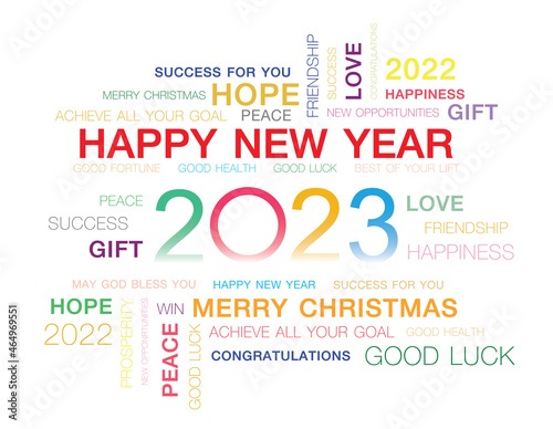 Greeting words around New Year date 2023 in many color. Happy New Year 2023 colorful negative space numbers word cloud text . Color text in Pride LQBTQ