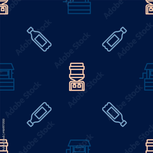 Set line Well, Bottle of water and Water cooler on seamless pattern. Vector