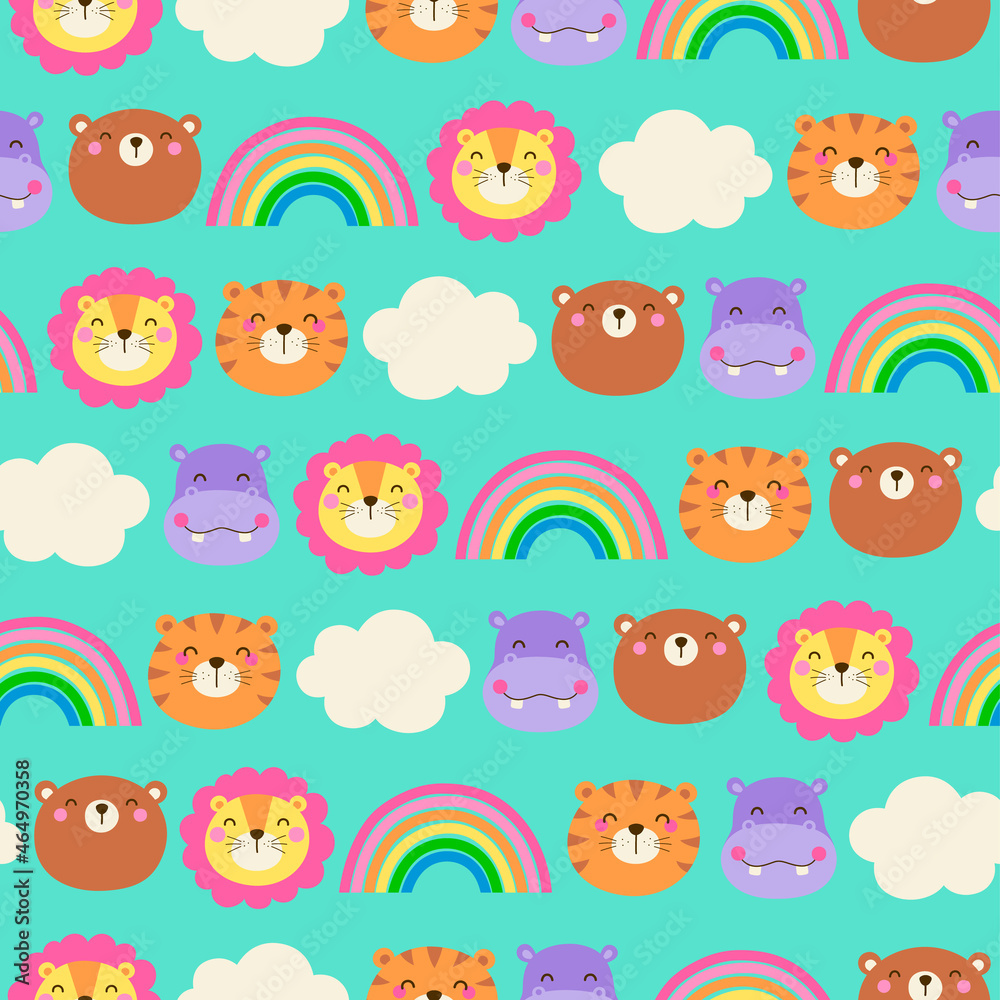 Cute wildlife animals face with rainbow and cloud seamless pattern background..