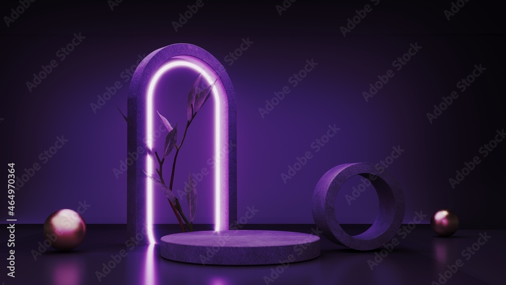 Abstract neon background with glowing geometric shapes, objects and natural stone, podium-3d, render. Empty showcase, stand, platform for presentations, advertising of technological products, gadgets.