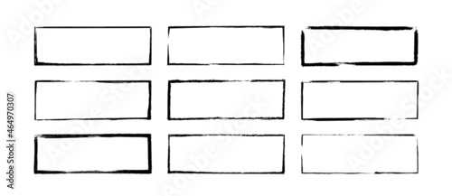 Ink rectangle stamps. Grunge empty black frames set. Square borders collections. Rubber stamp imprint. Vector illustration isolated on white background.