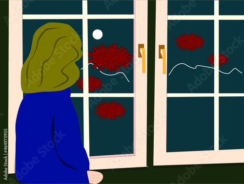People staying at home during the pandemic. man looking out the window and viruses flying in the air