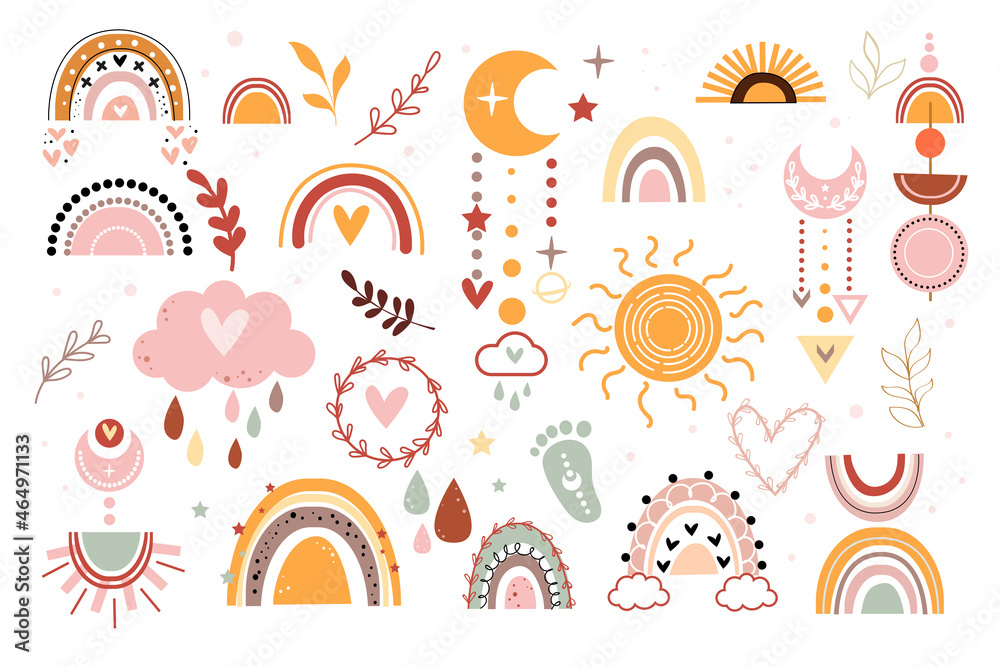 Vector hand drawn boho items doodle style collection. Sun, rainbow, cloud, dream catcher, moon and stars. Baby Shower, birthday, nursery decoration Vector hand drawn boho items doodle style collection. Sun, rainbow, cloud, dream catcher, moon and stars. Baby Shower, birthday, nursery decoration