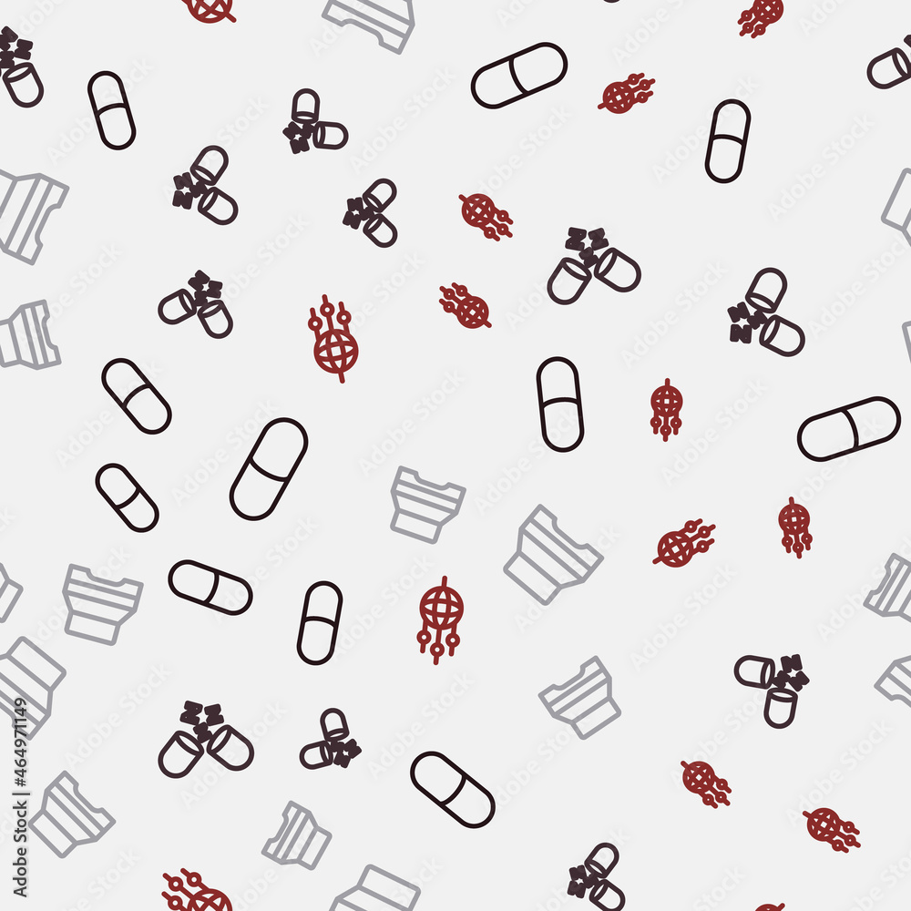 Set line Sleeping pill, Big bed and Dream catcher with feathers on seamless pattern. Vector Set line Sleeping pill, Big bed and Dream catcher with feathers on seamless pattern. Vector