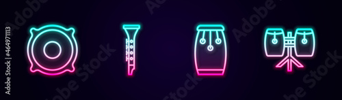 Set line Stereo speaker, Clarinet, Conga drums and . Glowing neon icon. Vector