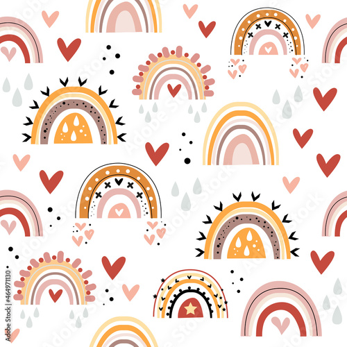 Trend rainbow in boho style seamless pattern. Vector illustration for children. Nursery decor