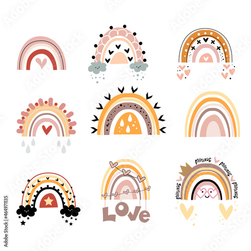A collection of trending boho rainbows. Vector illustration for children. Design for packaging, children's clothing, nursery decor