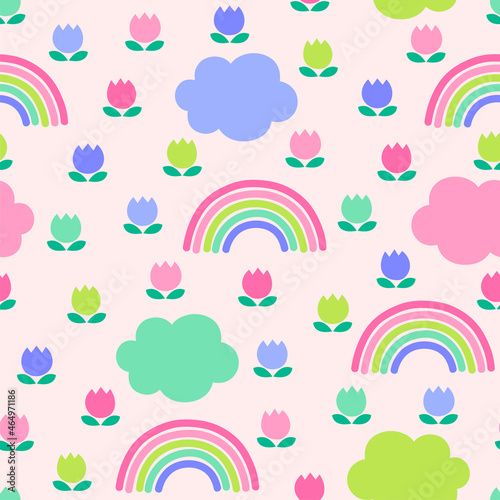 Pastel hand drawn tulip, rainbow and cloud seamless pattern background.