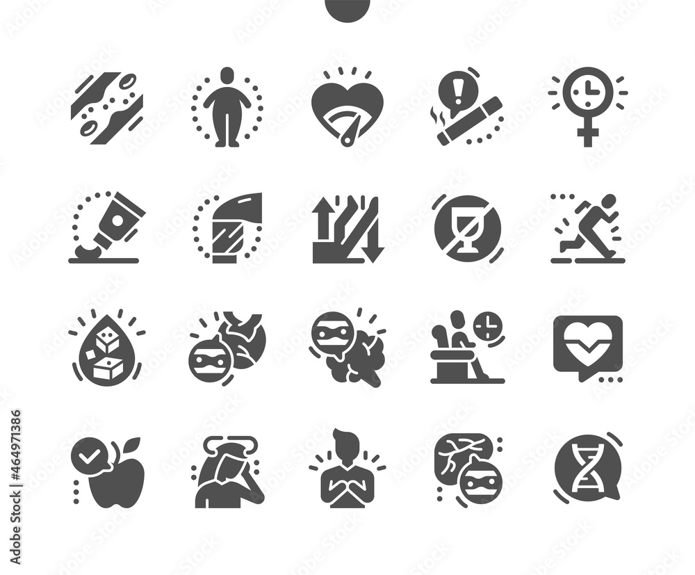 Atherosclerosis. Healthy food. Hereditary disease. High blood pressure. No alcohol. Chest pain. Healthcare, medical and medicine. Vector Solid Icons. Simple Pictogram