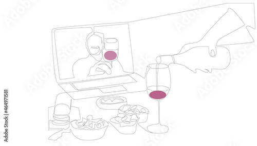 video call partying couple in love drinking wine and having dinner. lovers are getting together with internet and video calling because of quarantine and covid 19 virus