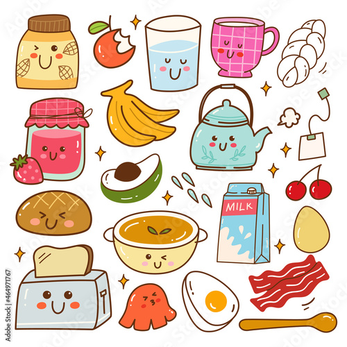 Breakfast Food Kawaii Doodle Set Vector Illustration