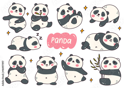 Fototapeta Naklejka Na Ścianę i Meble -  Kawaii Panda Cartoon Doodle Set