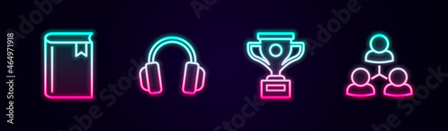Set line Book, Headphones, Award cup and Online class. Glowing neon icon. Vector