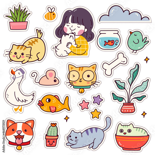 Set of Kawaii Sticker, Cute Animal Patches Design 