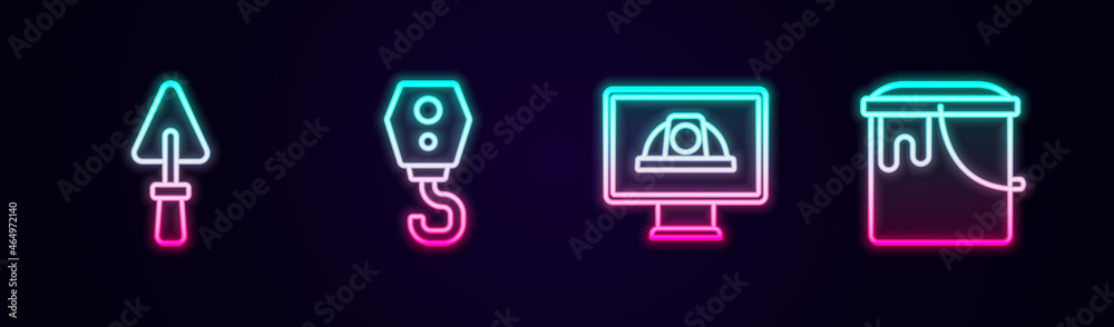 Set line Trowel, Crane hook, Worker safety helmet and Paint bucket. Glowing neon icon. Vector Set line Trowel, Crane hook, Worker safety helmet and Paint bucket. Glowing neon icon. Vector