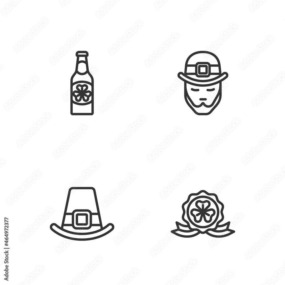 Set line Medal with clover, Leprechaun hat, Beer bottle and icon. Vector