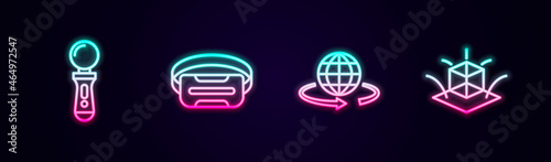 Set line VR controller game, Virtual reality glasses, 3d modeling and . Glowing neon icon. Vector