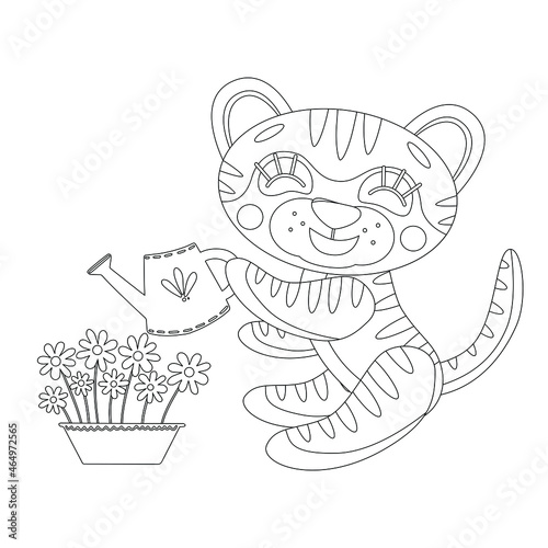 Wallpaper Mural Coloring page of book for kids. Vector cute linear tiger cub, watering flowers in pot. Symbol of 2022 new year. Isolated on white background Torontodigital.ca